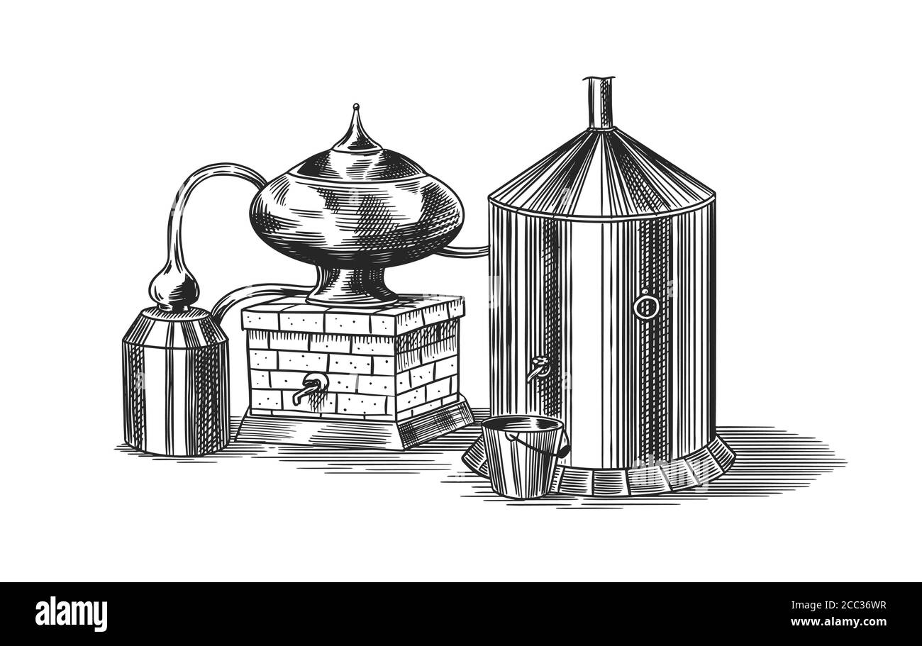 Alcohol destilado. Dispositivo para preparar tequila, coñac y licores. Grabado dibujo de la cosecha dibujado a mano. Estilo de madera. Ilustración vectorial para menú Ilustración del Vector