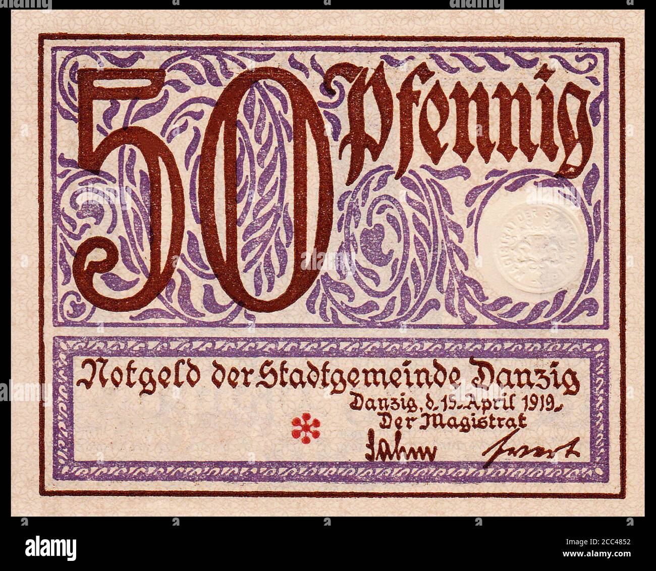Billete de dinero de emergencia (notgeld) de Danzig (ciudad). 50 pfennig. Abril 1919 la Ciudad libre de Danzig (alemán: Freie Stadt Danzig; polaco: Wolne Miasto Foto de stock