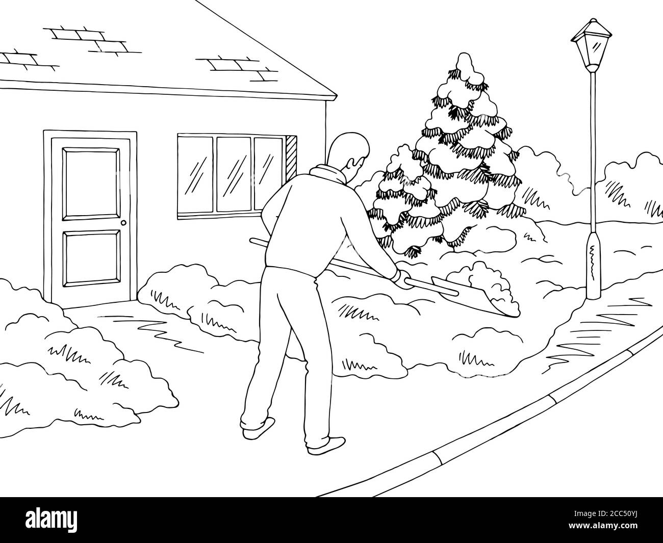 Hombre pala nieve invierno calle gráfico negro blanco paisaje bosquejo vector de ilustración Ilustración del Vector