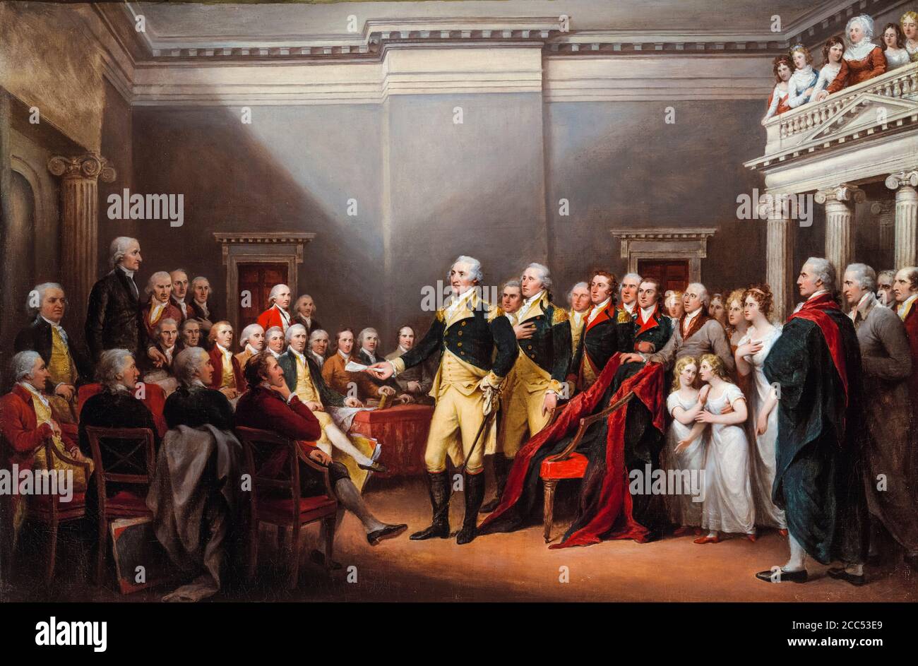 La dimisión del General Washington, 23 de diciembre de 1783 (George Washington dirigiéndose al Congreso), pintura de John Trumbull, 1824-1828 Foto de stock