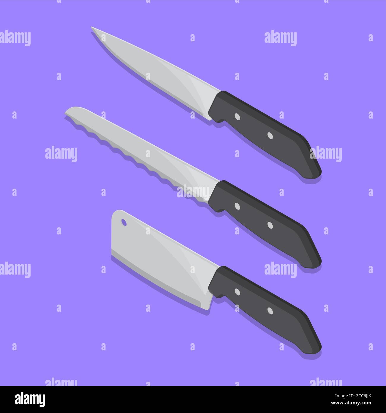 Un juego de cuchillos de cocina en el fondo aislado. Herramientas para cortar.3D. Una ilustración vectorial isométrica en estilo plano. Elementos para el diseño. Ilustración del Vector