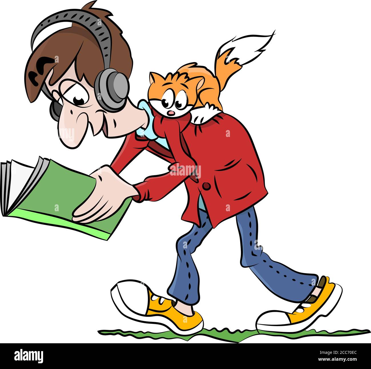 Hombre De Dibujos Animados Con Su Gato En La Espalda Caminando Mientras Leer Un Libro Y Escuchar La Ilustracion De Vectores Musicales Imagen Vector De Stock Alamy