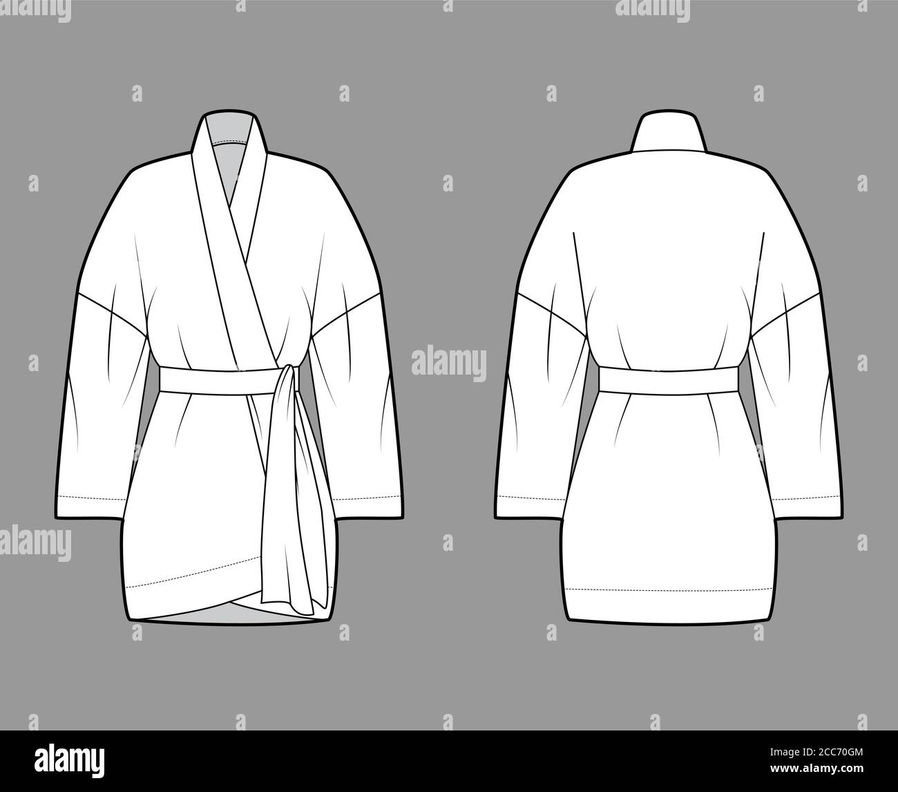 Ilustración técnica de moda kimono con ajuste relajado, mangas largas y  anchas, cinturón para cinch la cintura, por encima de la rodilla. Ropa  plana blusa plantilla frontal, espalda color blanco. Mujer hombres
