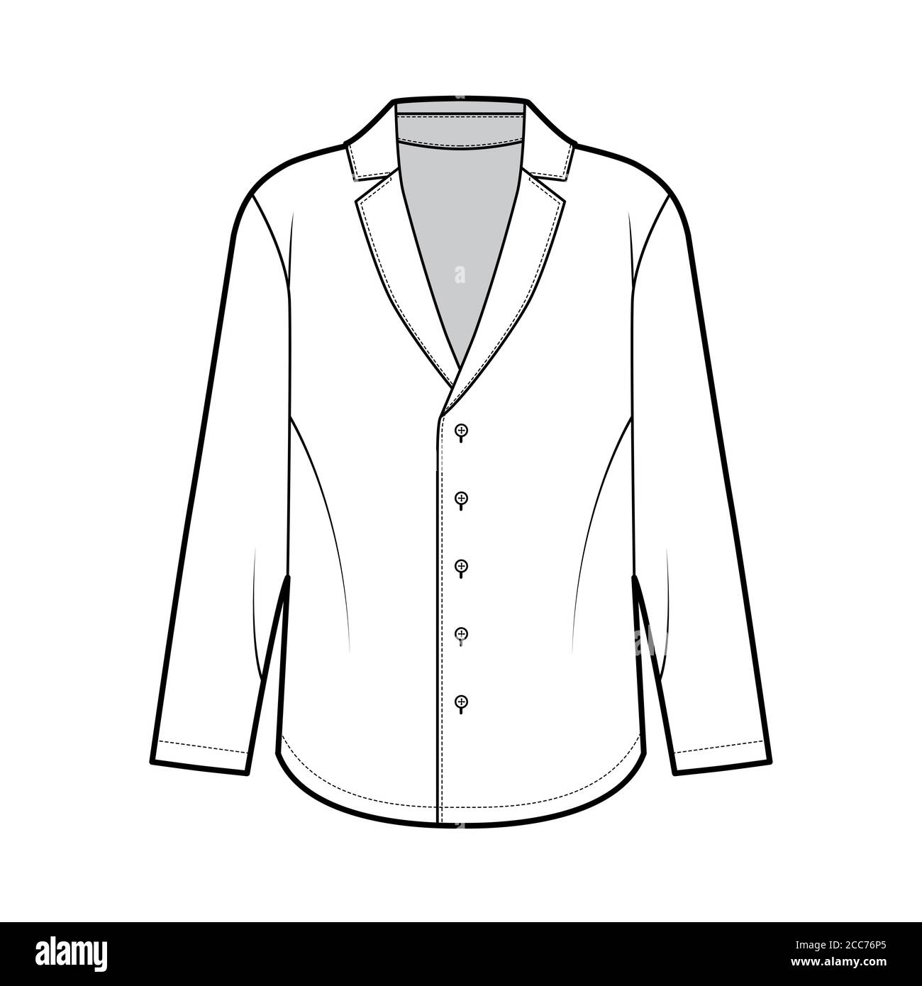 Camisa de estilo pijama ilustración técnica de moda con silueta suelta, cuello de muesca en delanteros, mangas largas. Plantilla de indumentaria plana color blanco. Mujeres hombres unisex top Imagen