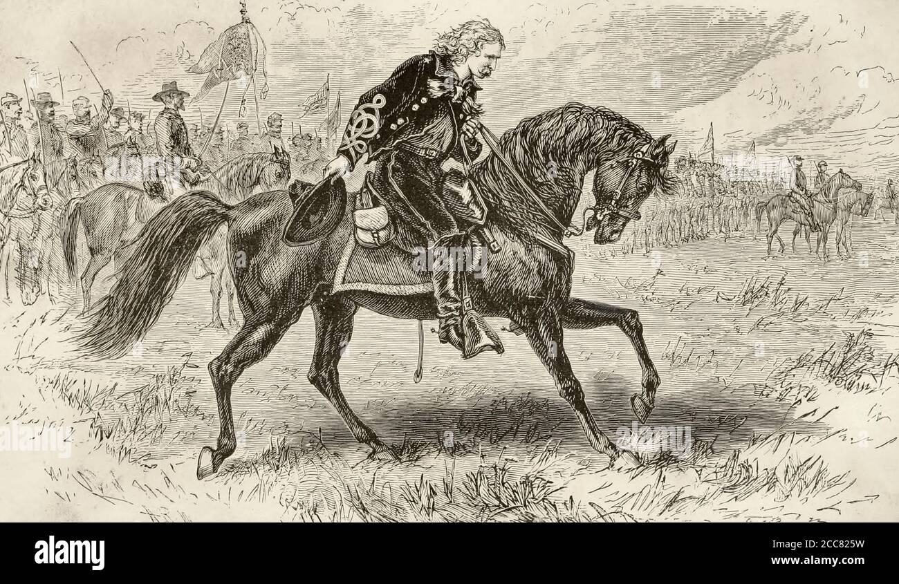 General George Armstrong Custer en la Batalla de Tom's Brook, también conocido como las carreras de Woodstock para la velocidad de la retirada confederada. Guerra Civil Americana Foto de stock
