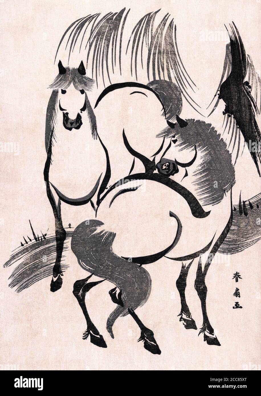 Japón: 'Caballos bajo un árbol de sauce'. Estampado de bloque de madera de Katsukawa Shunsen (1762-1830), c. 1804-1818. Katsukawa Shunsen (1762-1830), también conocido como Shunko II, fue un diseñador de libros y grabados de madera japoneses al estilo ukiyo-e. Shunsen es mejor conocido por sus escenas de género, paisajes y grabados de hermosas mujeres. Foto de stock