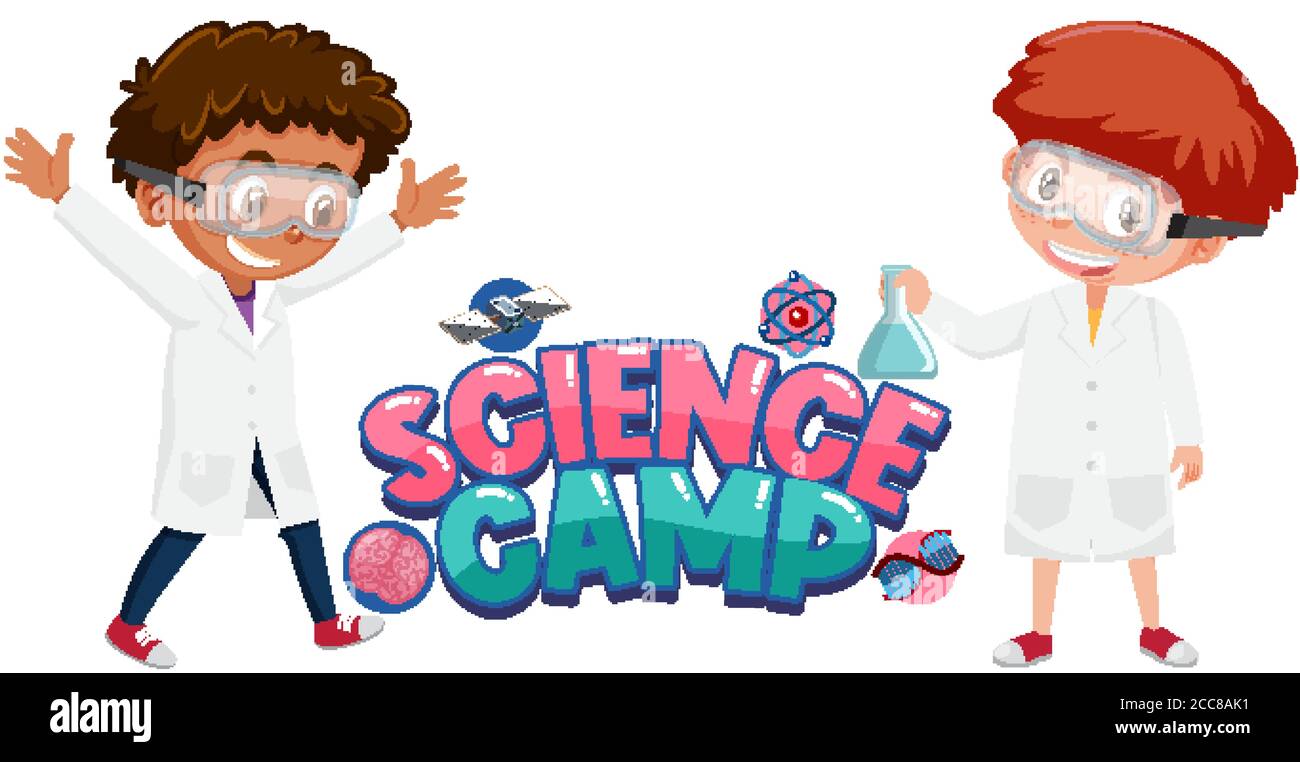 Logotipo del campamento de ciencias con niños vestidos de científicos  ilustración aislada Imagen Vector de stock - Alamy