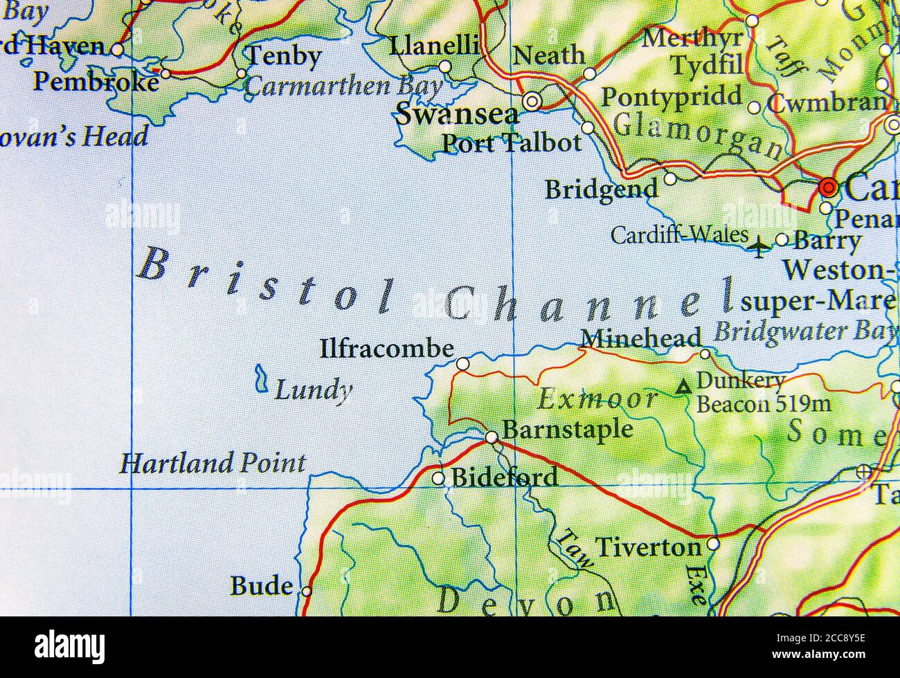 Mapa geográfico del país europeo Reino Unido con Canal de Bristol Foto de stock