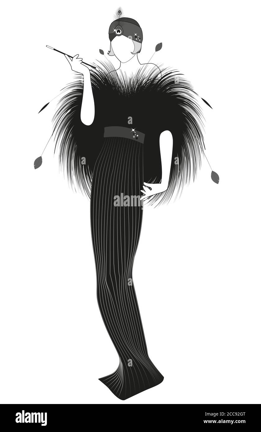 Hermosa y elegante dama fumando una pipa, usando ropa estilo Belle Epoque,  adornada con plumas de pavo real Imagen Vector de stock - Alamy