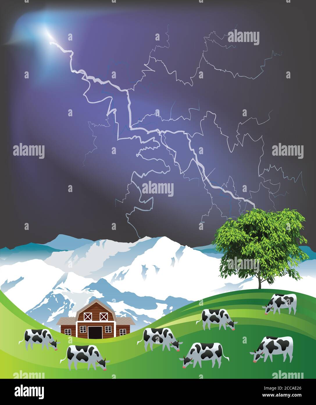 Pintoresca escena rural con una manada de vacas pastando verano pastos montañosos de tierras bajas contra un espectacular cielo de tormenta Ilustración del Vector