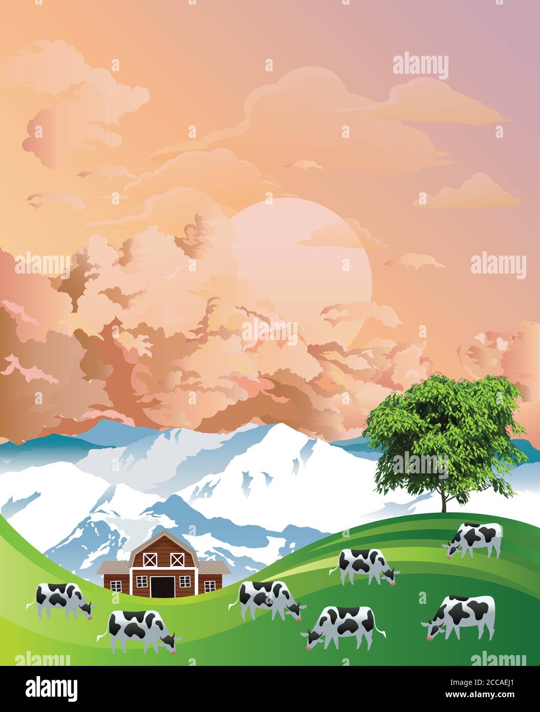 Pintoresca escena rural con una manada de vacas pastando pastos montañosos de verano en las tierras bajas contra el amanecer o el atardecer cielo Ilustración del Vector