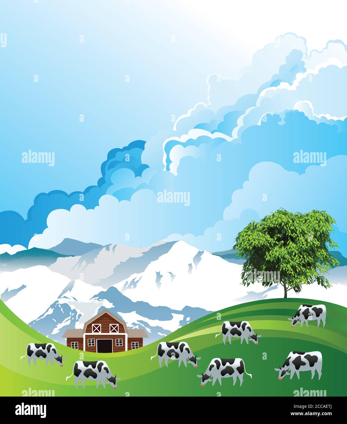 Pintoresca escena rural con una manada de vacas pastando verano pastos montañosos de tierras bajas contra un cielo azul nublado Ilustración del Vector