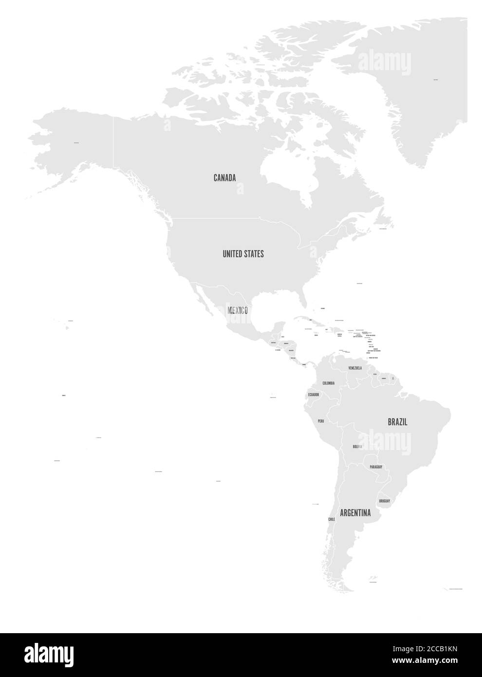 Mapa político de las Américas en gris sobre fondo blanco. Norteamérica y Sudamérica con etiquetas de país. Ilustración simple de vector plano. Ilustración del Vector