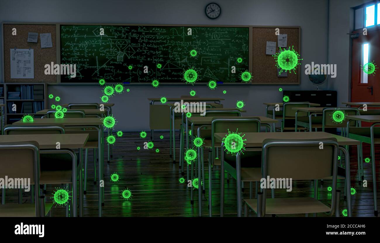 clase escolar vacía, el virus covid 19 destacó verde. concepto de pandemia, contagio en las escuelas. renderizar en 3d Foto de stock