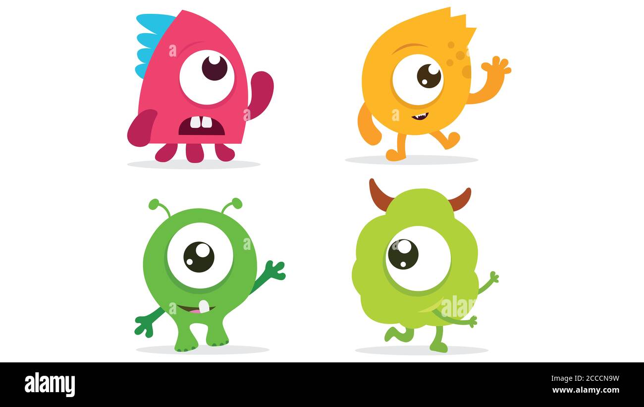 Dibujos animados monstruos planos iconos grandes. Los niños de colores  juegan a un adorable monstruo. Vector EPS10 Fotografía de stock - Alamy