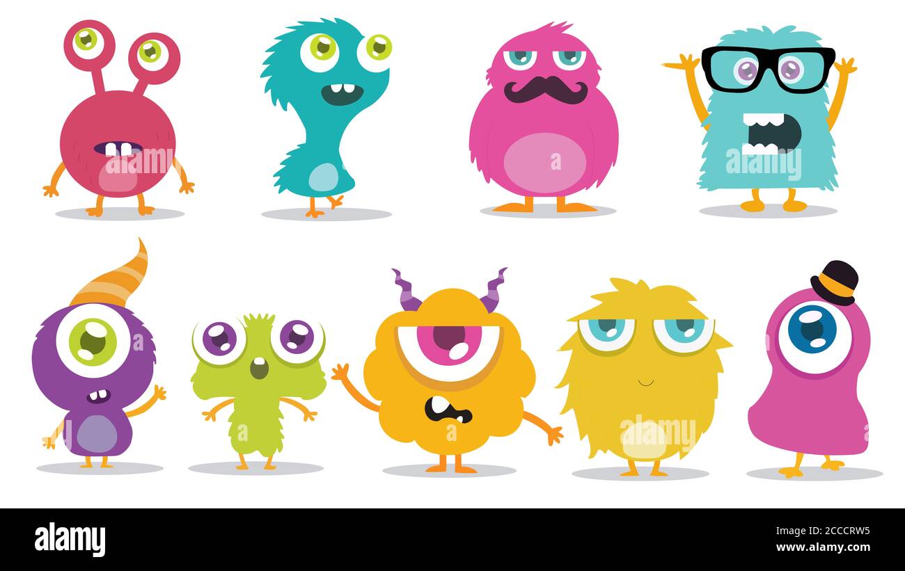 Dibujos animados monstruos planos iconos grandes. Los niños de colores  juegan a un adorable monstruo. Vector EPS10 Fotografía de stock - Alamy