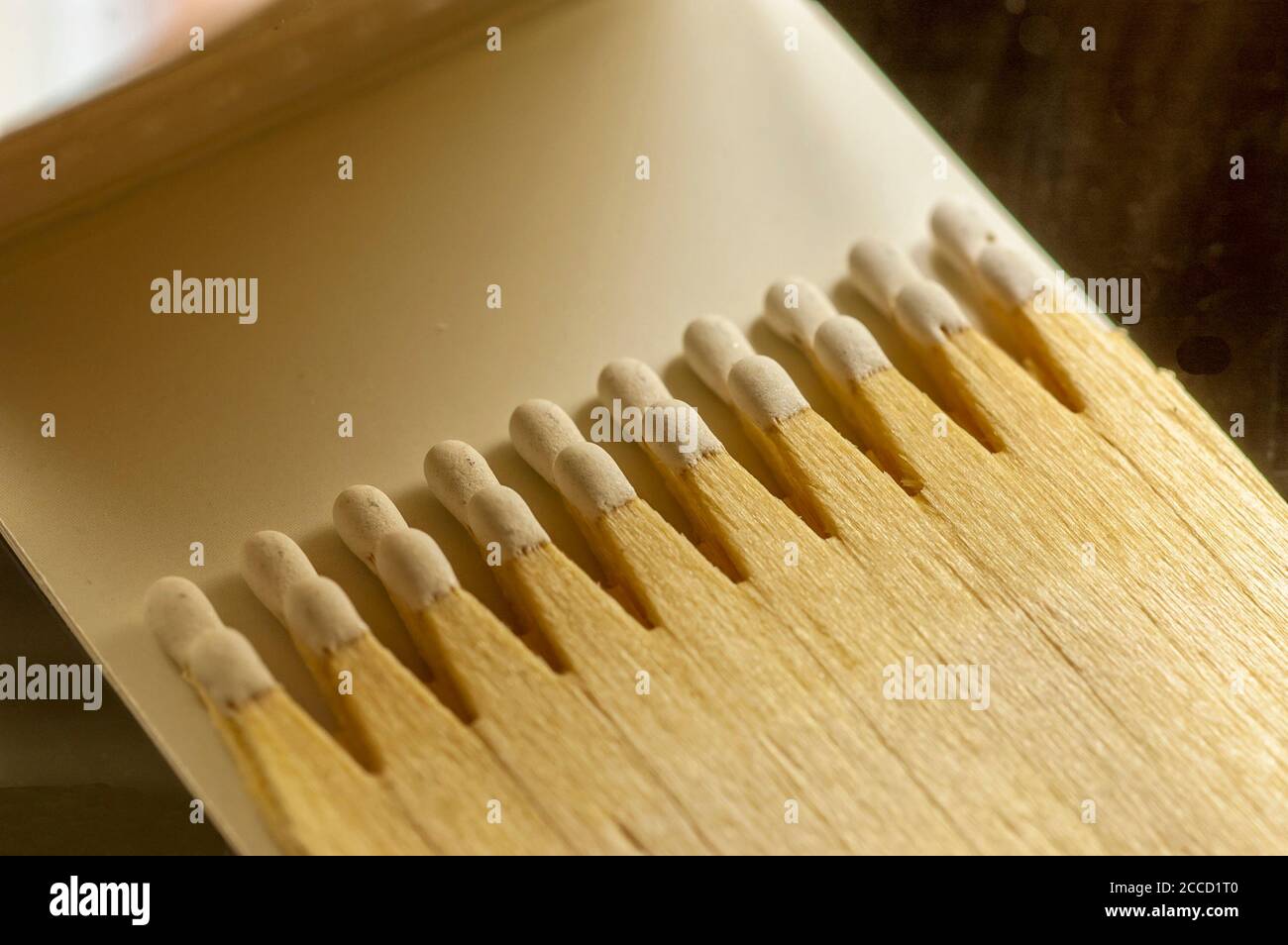 macro shoot de publicidad de los cerillas de madera con una cabeza de fósforo blanco en el matchbook. luz natural Foto de stock