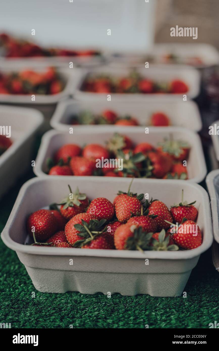 Perforadoras de cartón de fresas frescas en un puesto del mercado local en  Cotswolds, Reino Unido Fotografía de stock - Alamy