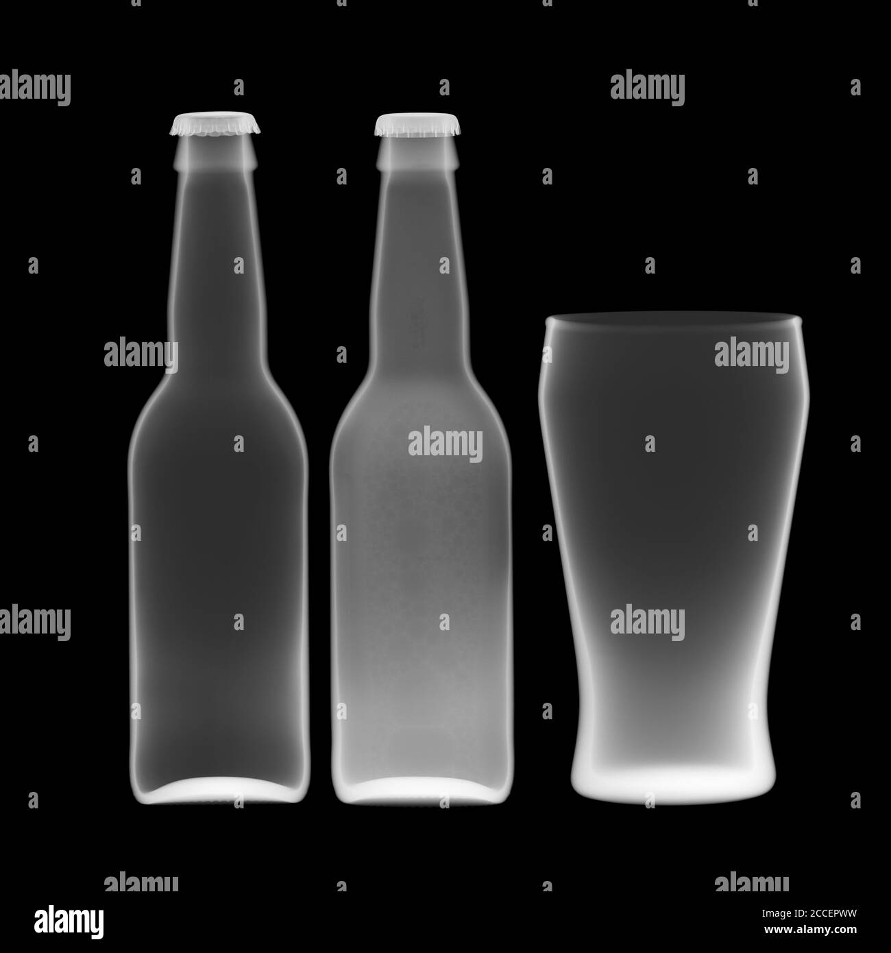 Botellas de cerveza y vaso, rayos X. Foto de stock