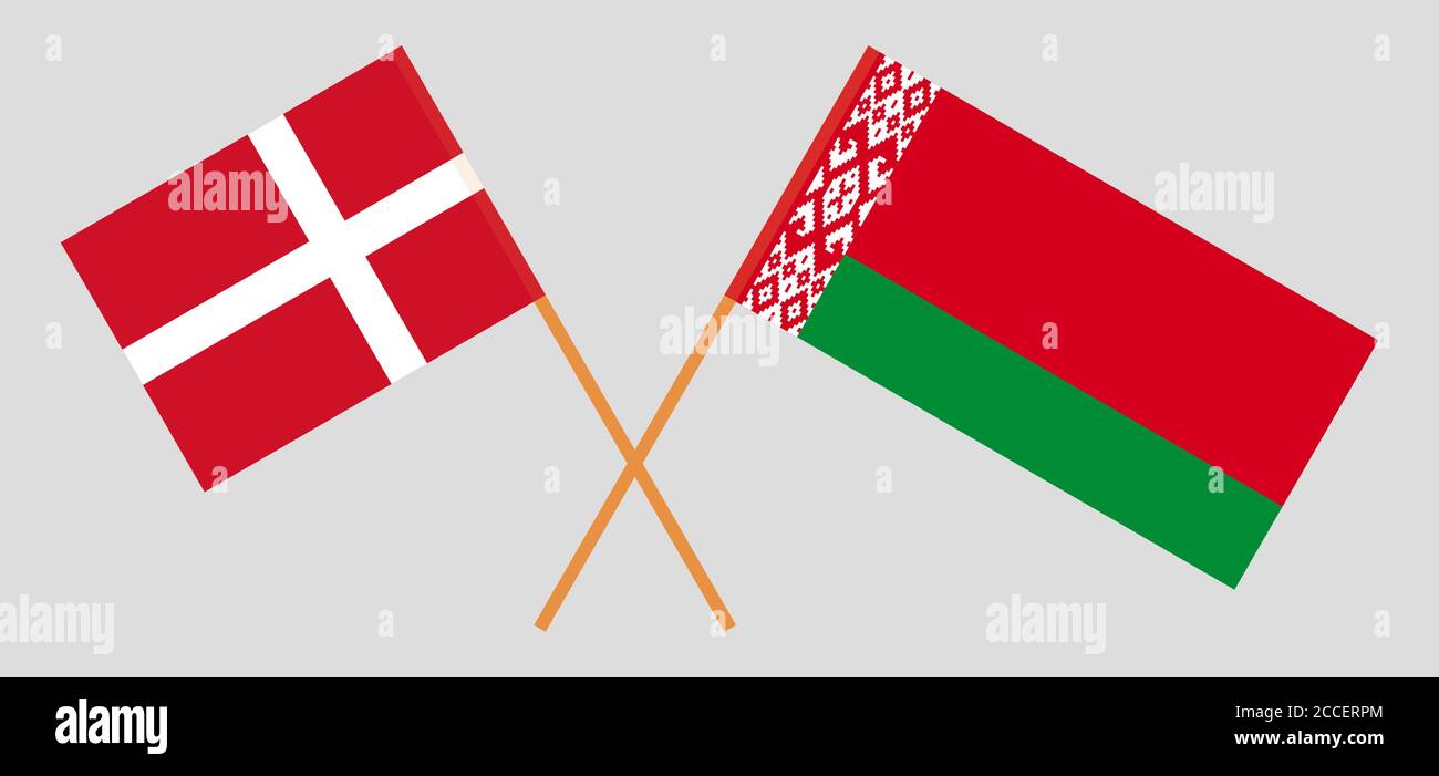 Banderas cruzadas de Bielorrusia y Dinamarca. Colores oficiales. Proporción correcta. Ilustración vectorial Ilustración del Vector