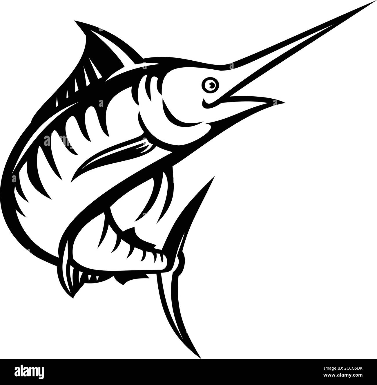 Ilustración de estilo retro de una aguja azul del Indo-Pacífico, una especie de aguja o pez espada nadando y saltando en blanco y negro sobre aislado b Ilustración del Vector