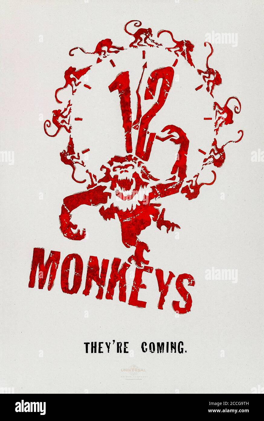Doce monos (1995) dirigidos por Terry Gilliam y protagonizados por Bruce Willis, Madeleine Stowe, Brad Pitt y Jon Seda. Un preso de 2035 viaja en el tiempo para tratar de prevenir el brote de virus que elimina a la mayoría de la humanidad. Foto de stock