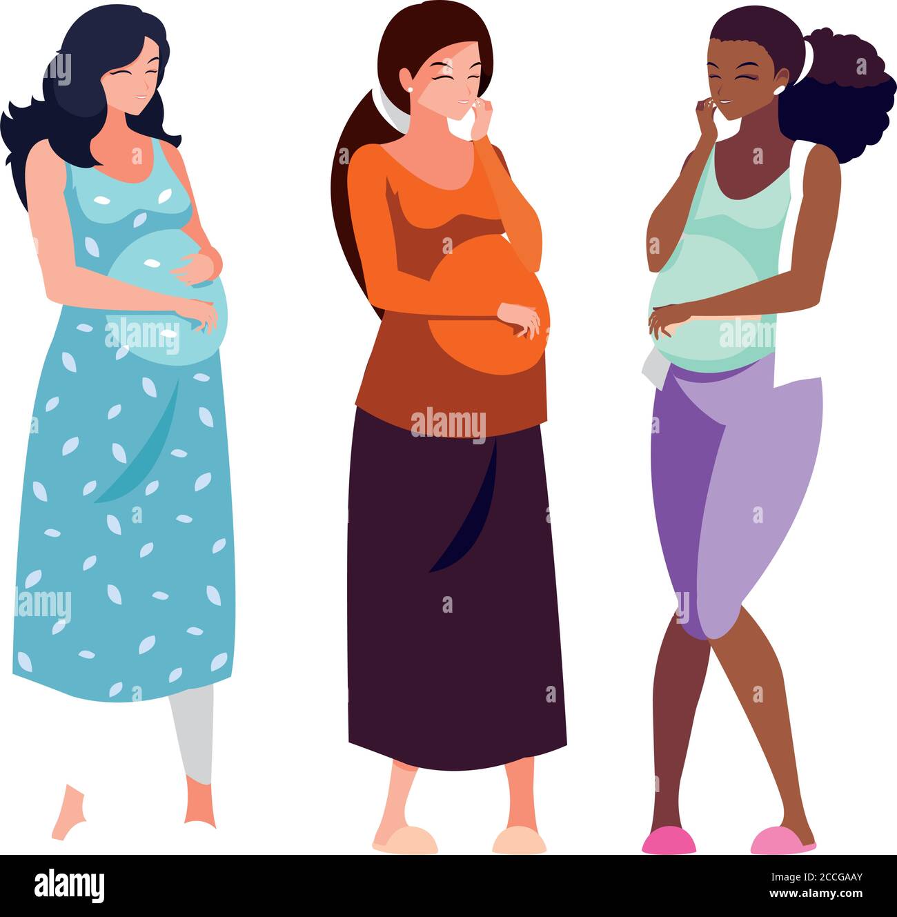 Tres mujeres embarazadas dibujos animados diseño, Belly embarazo maternidad  y madre tema ilustración vectorial Imagen Vector de stock - Alamy
