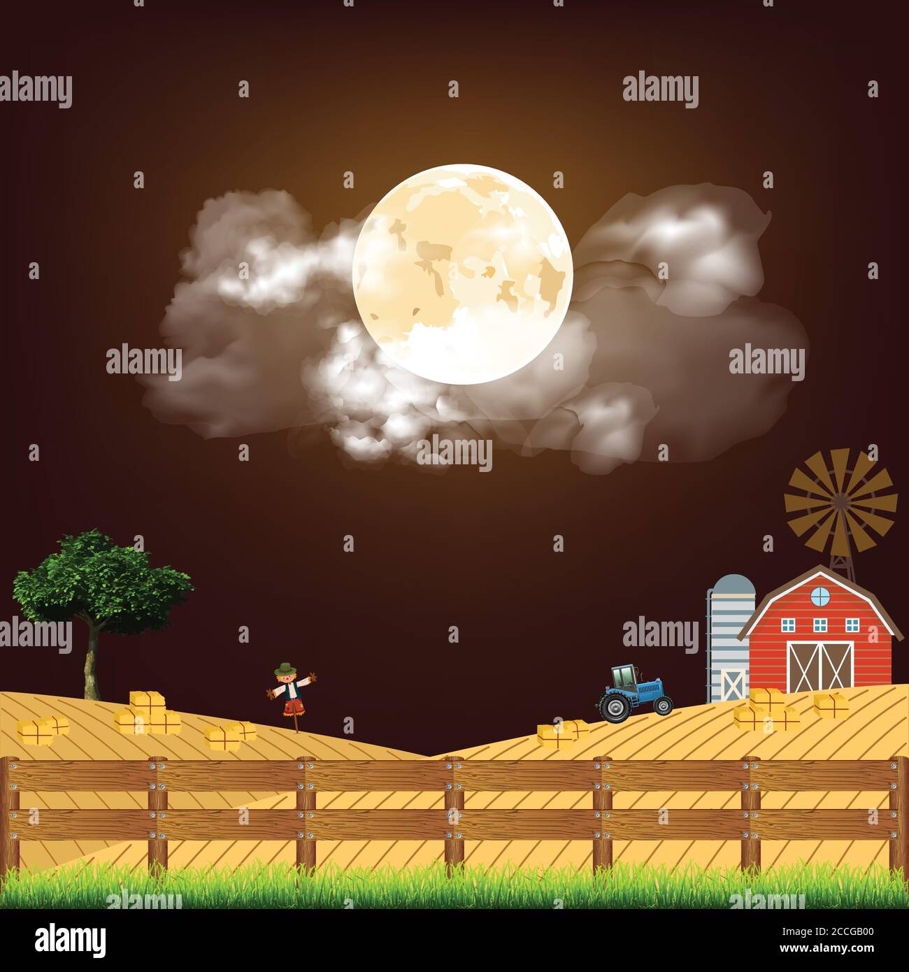 Pintoresca escena rural en el momento de la cosecha con fardos de hay puesto contra un cielo nocturno de luna llena Ilustración del Vector