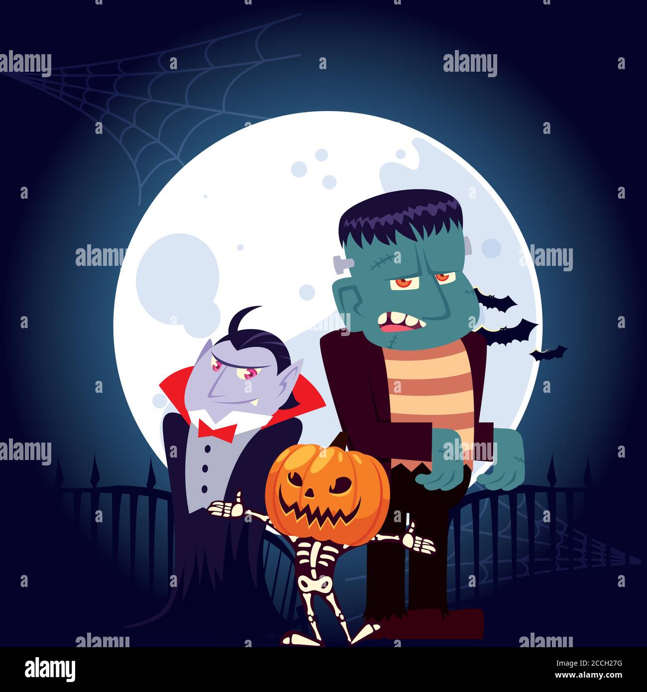 Cráneo de vampiro de Halloween con calabaza y dibujos animados de  frankenstein en el diseño nocturno, vacaciones y tema de miedo ilustración  vectorial Imagen Vector de stock - Alamy
