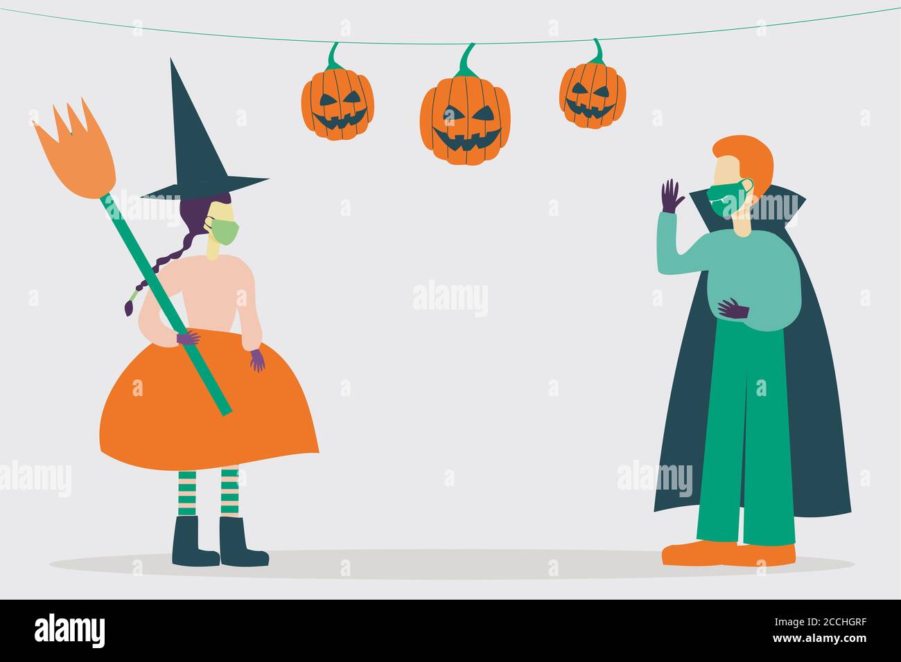 Ilustración de personajes de niños frescos con trajes de halloween y protector máscaras Foto de stock