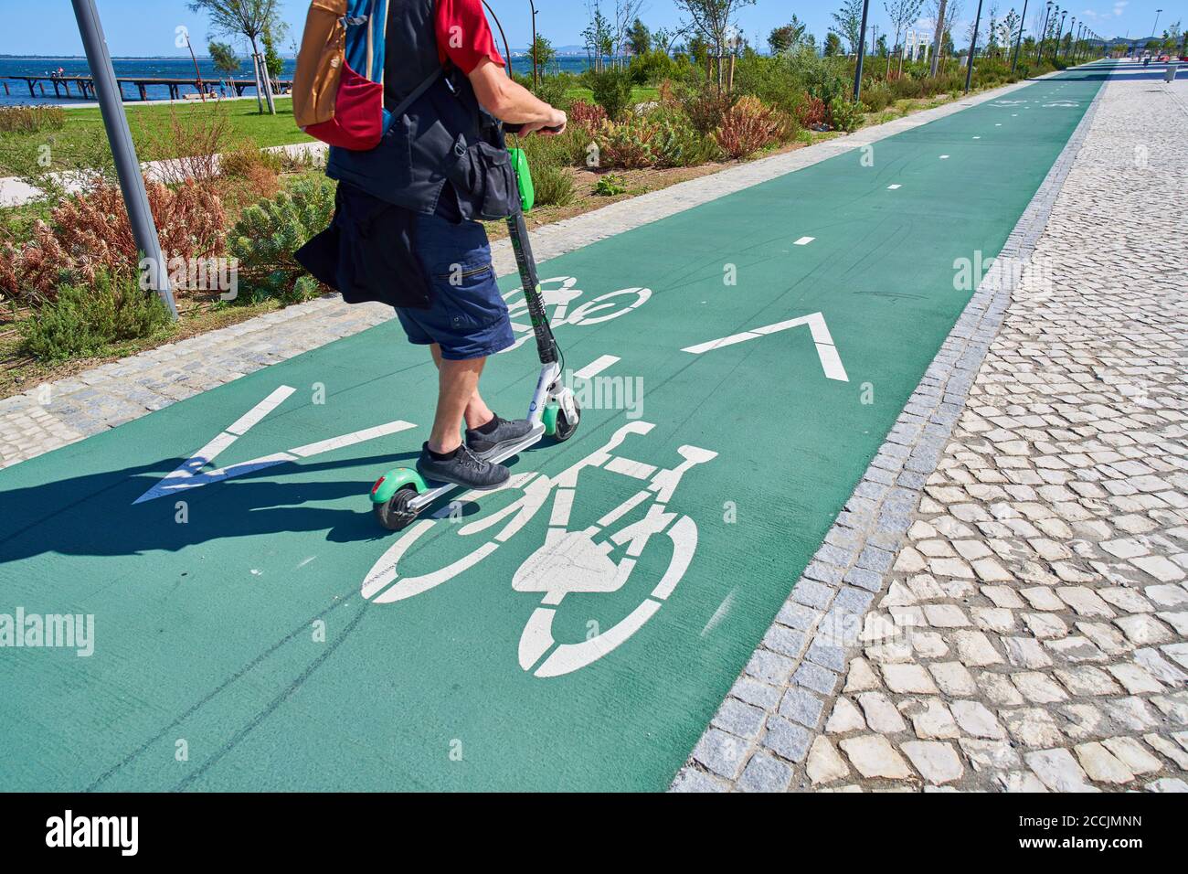 Lisboa, Lissabon, Portugal, 16 de agosto de 2020. Un hombre conduciendo una scooter electrónica en una pista de bicicleta. © Peter Schatz / Alamy Stock Photos Foto de stock