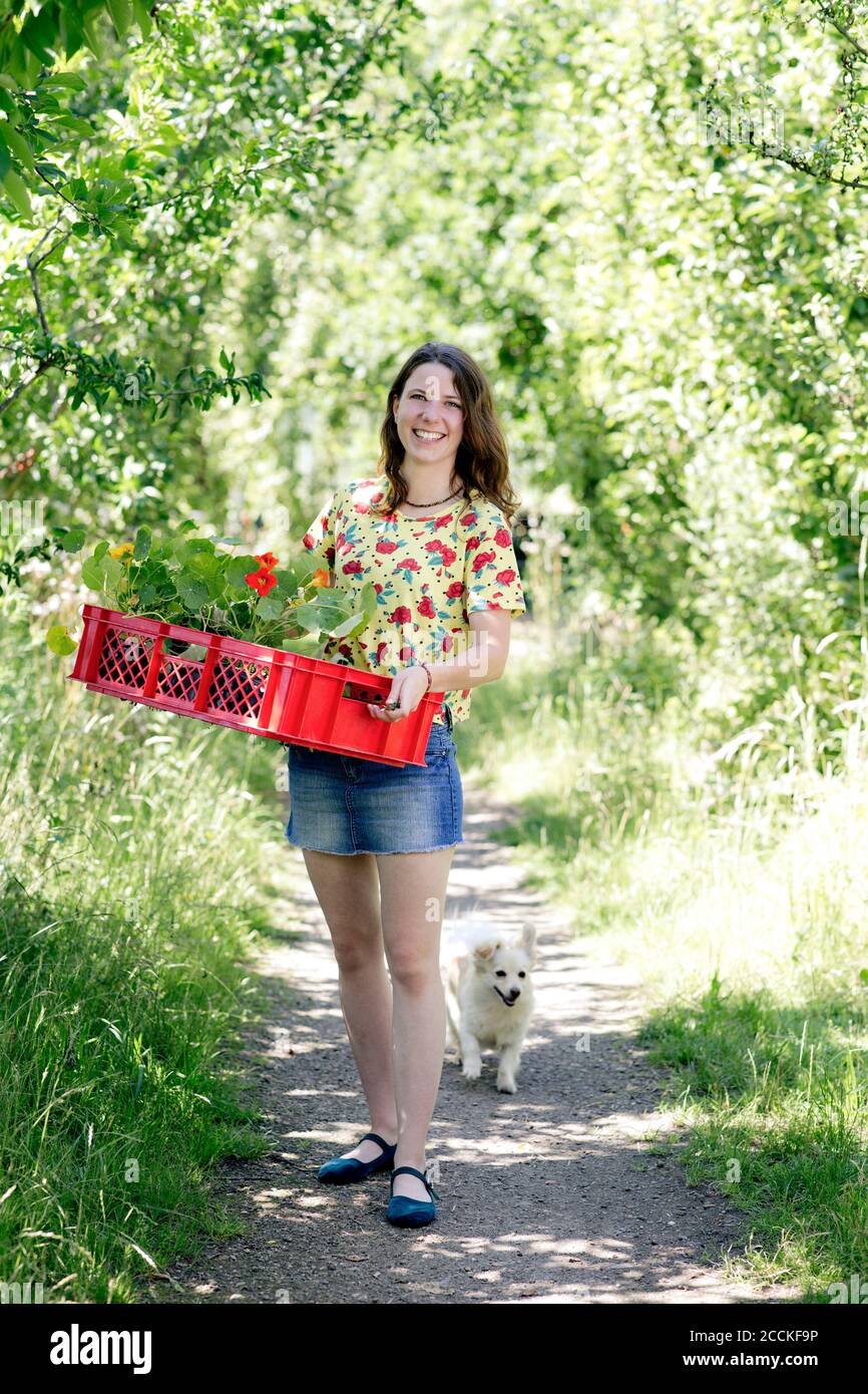 Mujer joven sonriente que lleva nasturtium en la cesta mientras está de pie granja Foto de stock