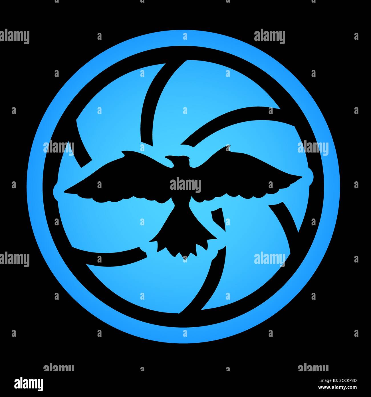 Hermosa insignia azul con pájaro en el centro del obturador sobre fondo negro Ilustración del Vector