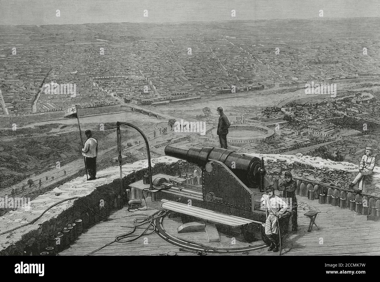 La guerra del Pacífico o la guerra del salitre. Conflicto armado que enfrentó a Chile contra los aliados de Bolivia y Perú. 1879-1883. Perú, Lima. Vista panorámica desde el fuerte de San Cristóbal, ocupado por las tropas chilenas desde el 18 de enero de 1881. Durante la campaña de Lima, una de las fases terrestres de la Guerra del Pacífico, el presidente Nicolás de Piérola ordenó la instalación de cañones en la cima de la colina para atacar al ejército chileno desde allí, en un momento en que se creía que el ejército avanzaría desde el norte. Sin embargo, los chilenos lo hicieron desde el sur. Este sitio fue llamado por sí mismo Foto de stock