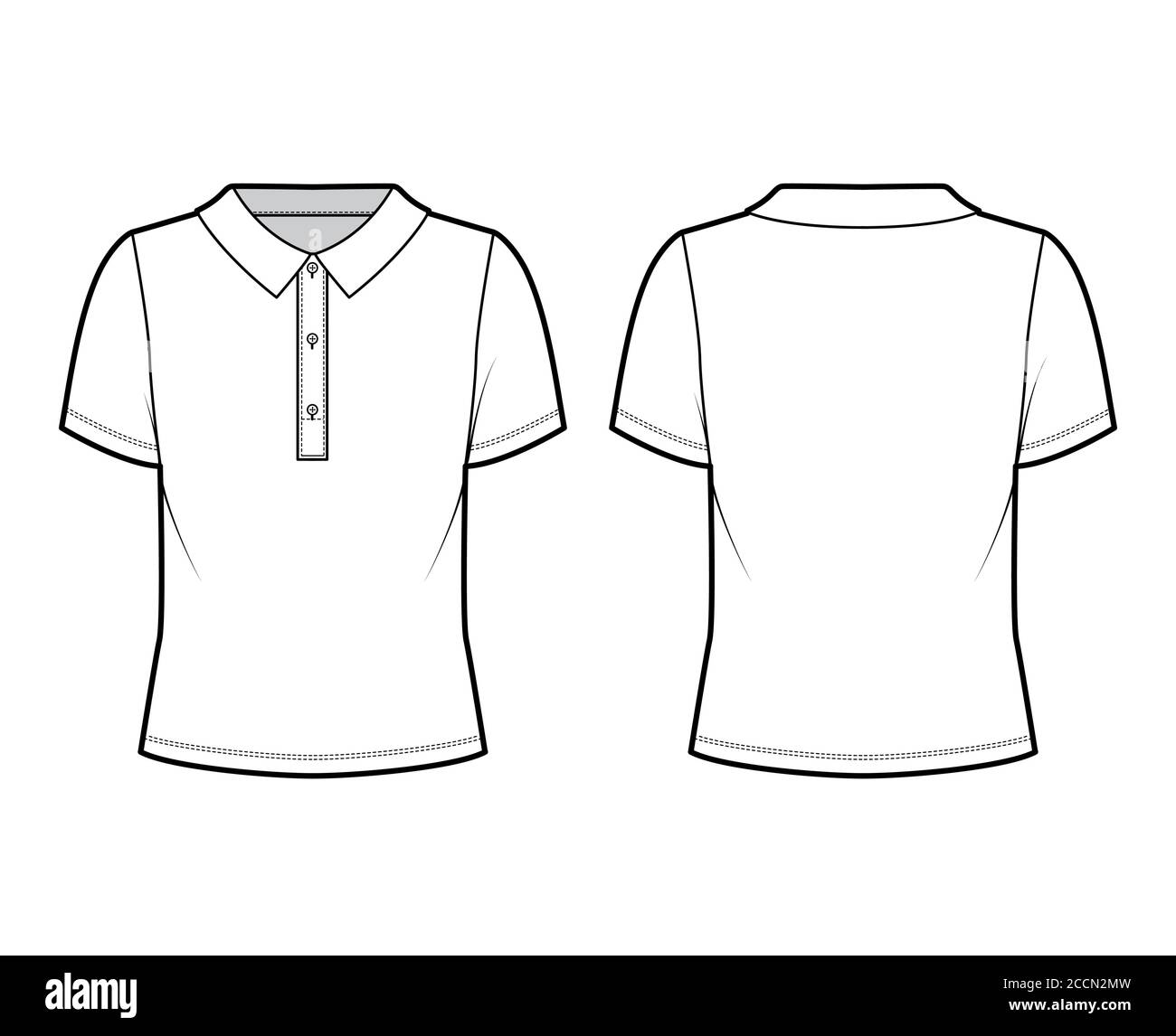 Polo camisa técnica ilustración de moda con algodón-Jersey manga corta, de  gran tamaño, botones a lo largo de la parte delantera. Ropa de vestir plana  plantilla frontal, espalda, color blanco. Mujeres hombres