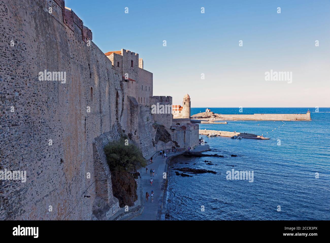 Las imponentes murallas del Château Royal de Collioure en la pintoresca localidad costera y el puerto de Collioure en el sur de Francia. Foto de stock