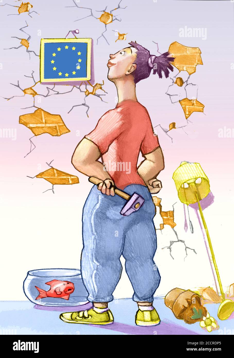 chica parece feliz el cuadro de la bandera europea que tiene abrazar la pared es destruida por la metáfora de los intentos la dificultad de construir europa Foto de stock