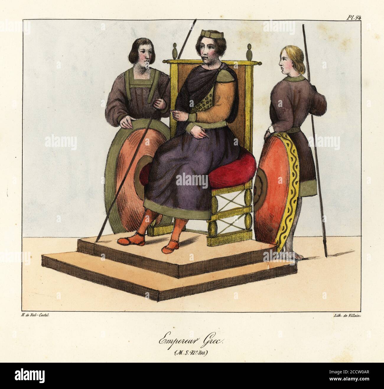 Emperador bizantino en su trono, siglo IX, con guardias sosteniendo