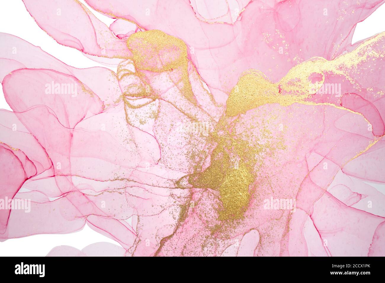 Alcohol tinta rosa fondo abstracto. Textura de acuarela de estilo floral. Ilustración de manchas de pintura rosada y dorada. Foto de stock