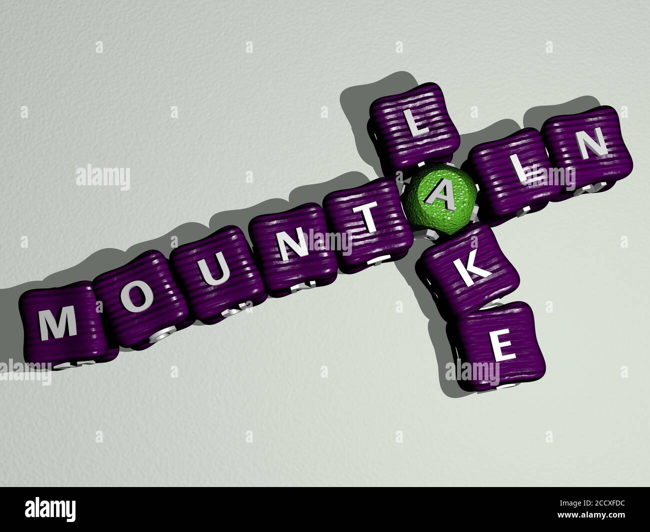 Crucigrama de lago de montaña de coloridas letras cúbicas, ilustración