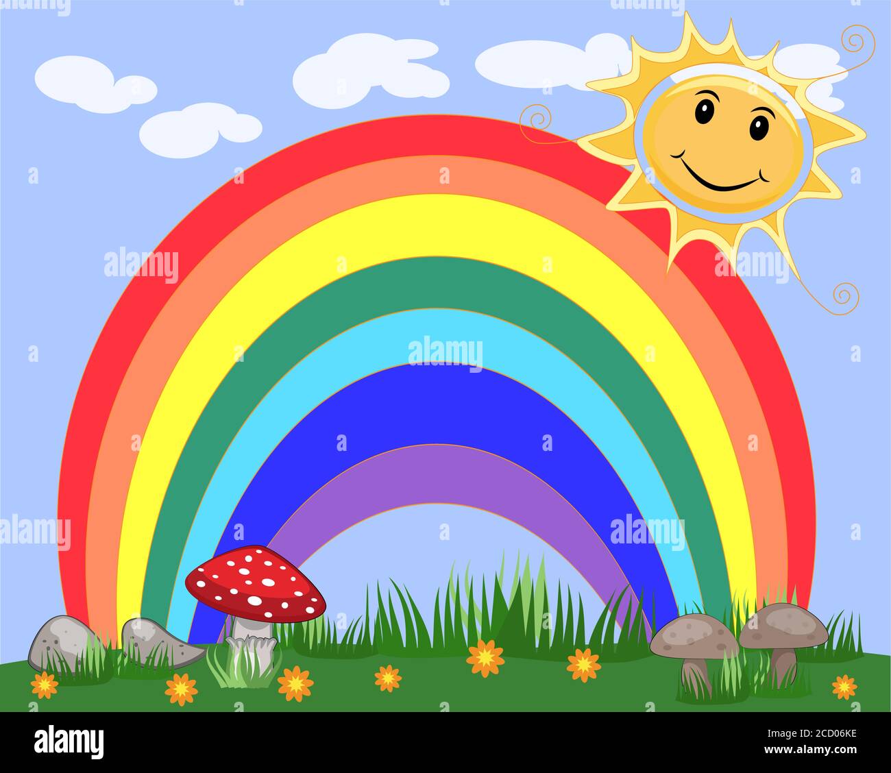 ilustración de un hermoso paisaje veraniego con un arco iris Imagen Vector  de stock - Alamy