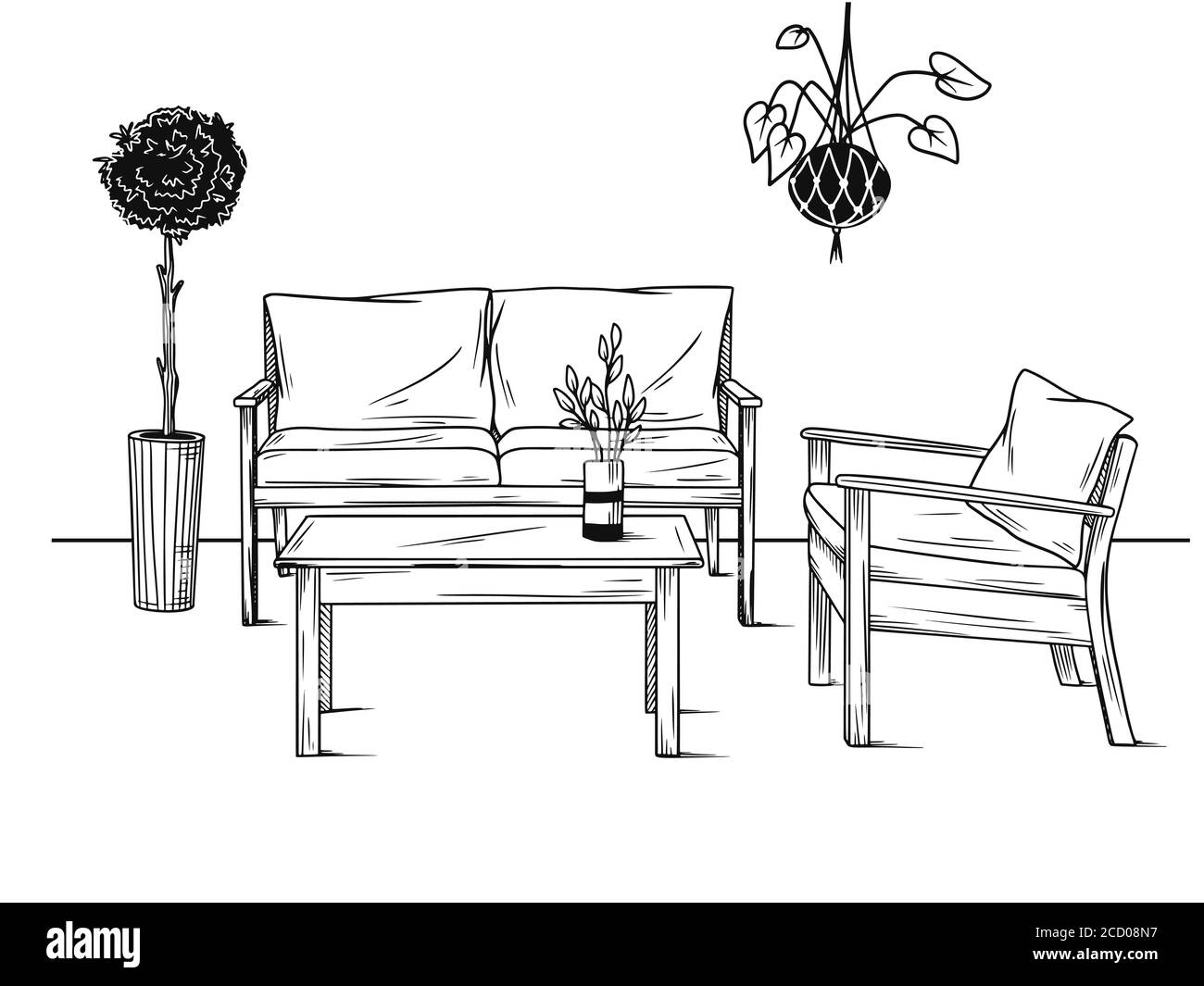 Conjunto de muebles para el jardín. Sillones, sofá y mesa entre las plantas. Ilustración vectorial en estilo sketch Ilustración del Vector