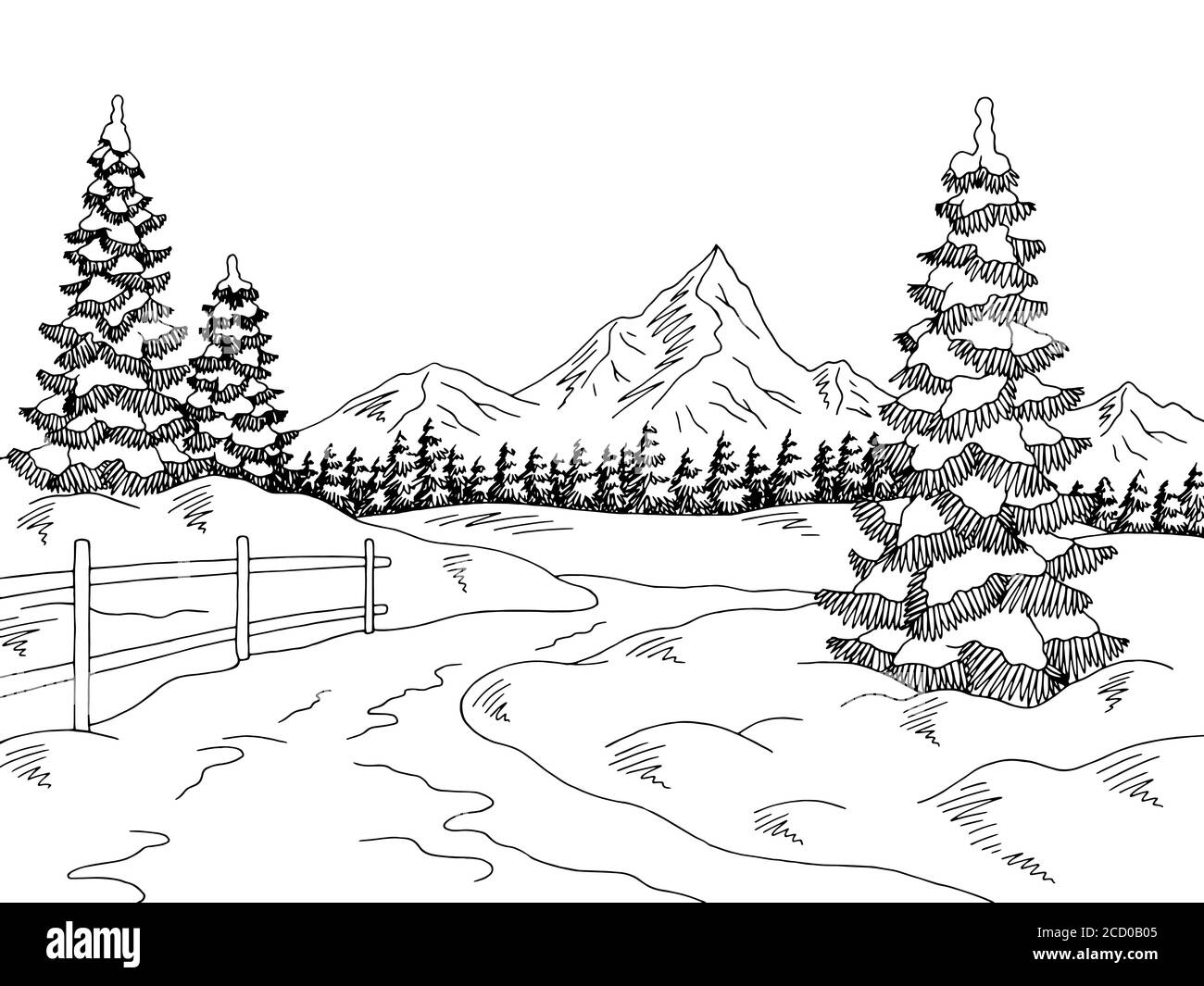 Gráfico de carretera de invierno blanco negro dibujo paisaje ilustración vector Ilustración del Vector