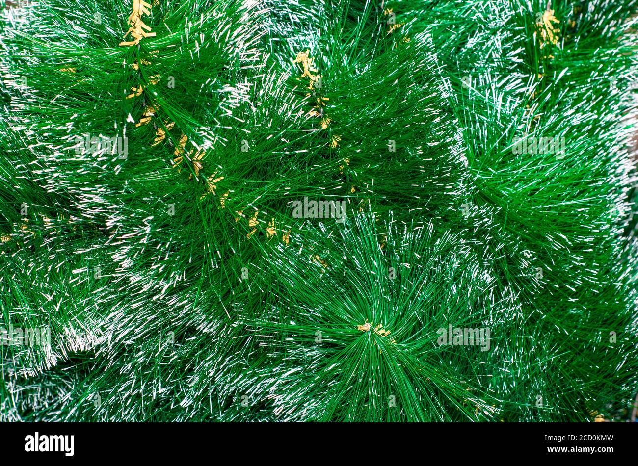 ramas artificiales de la picea, agujas verdes con puntas de plata para fondo Foto de stock