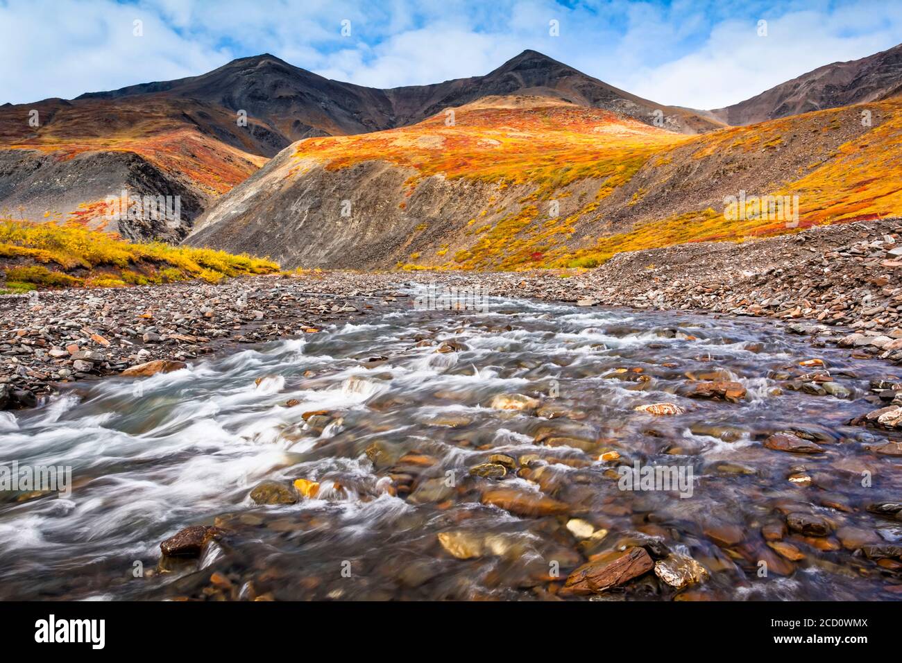 Kuyuktuvuk Creek y montañas Brooks en colores de otoño. Gates of the Arctic National Park and Preserve, Arctic Alaska en otoño Foto de stock