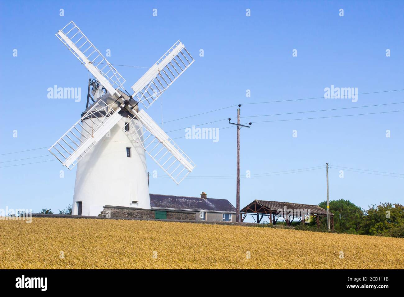 El tradicional molino de Ballycopeland en un luminoso día de verano. Esta histórica torre construida en piedra es un punto de referencia local fuera del condado de Millisle Down no Foto de stock