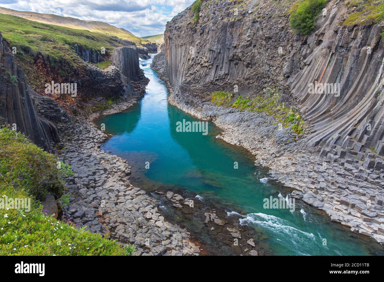 Río glaciar Jökla y columnas de basalto, formaciones rocosas volcánicas en Studlagil / Cañón Stuðlagil, Jökuldalur / Valle del Glaciar, Austrurland, Islandia Foto de stock