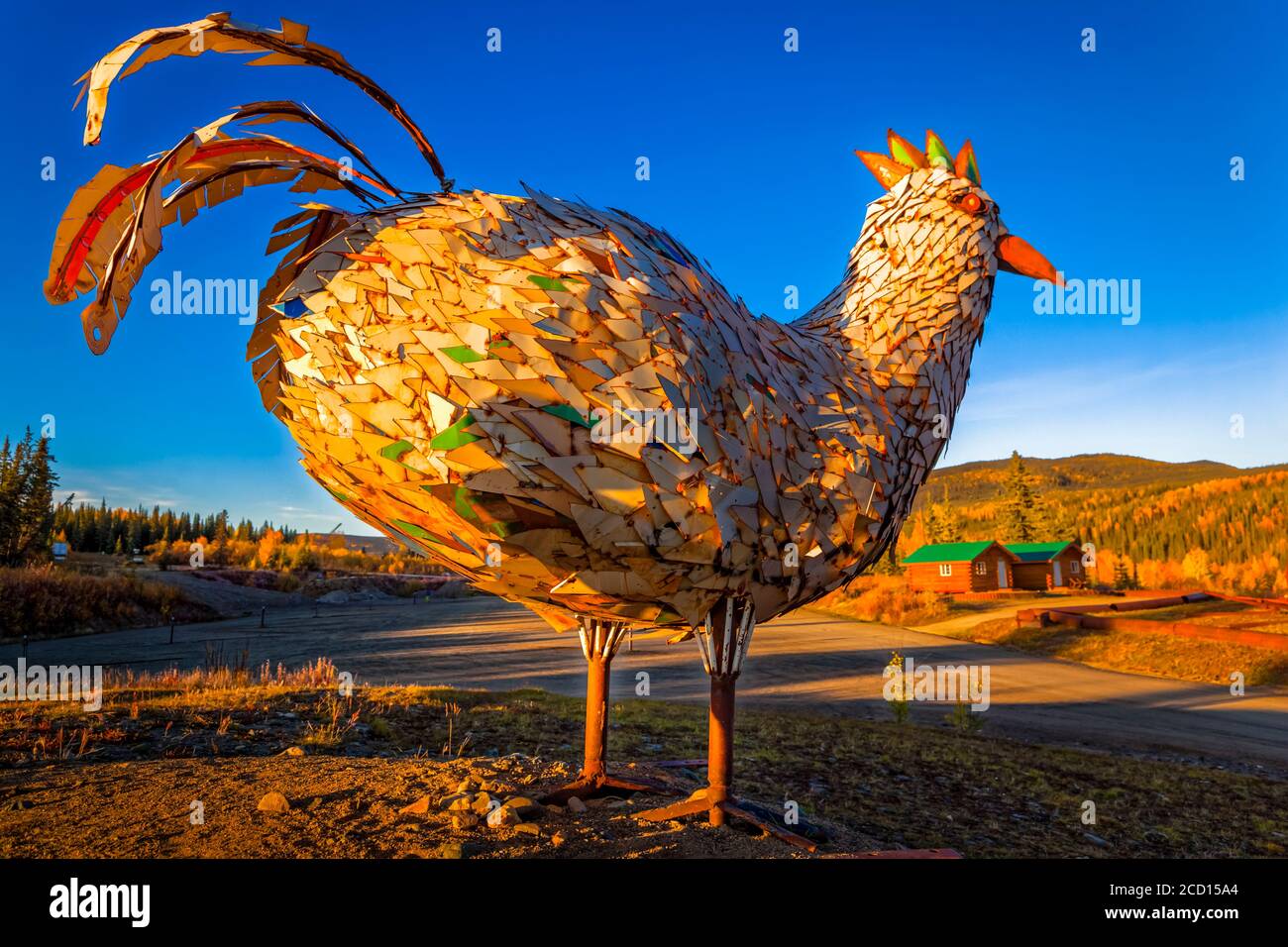 La puesta de sol brilla en la escultura de pollo de metal en la colina de la histórica ciudad minera Chicken, Alaska Interior en otoño Foto de stock