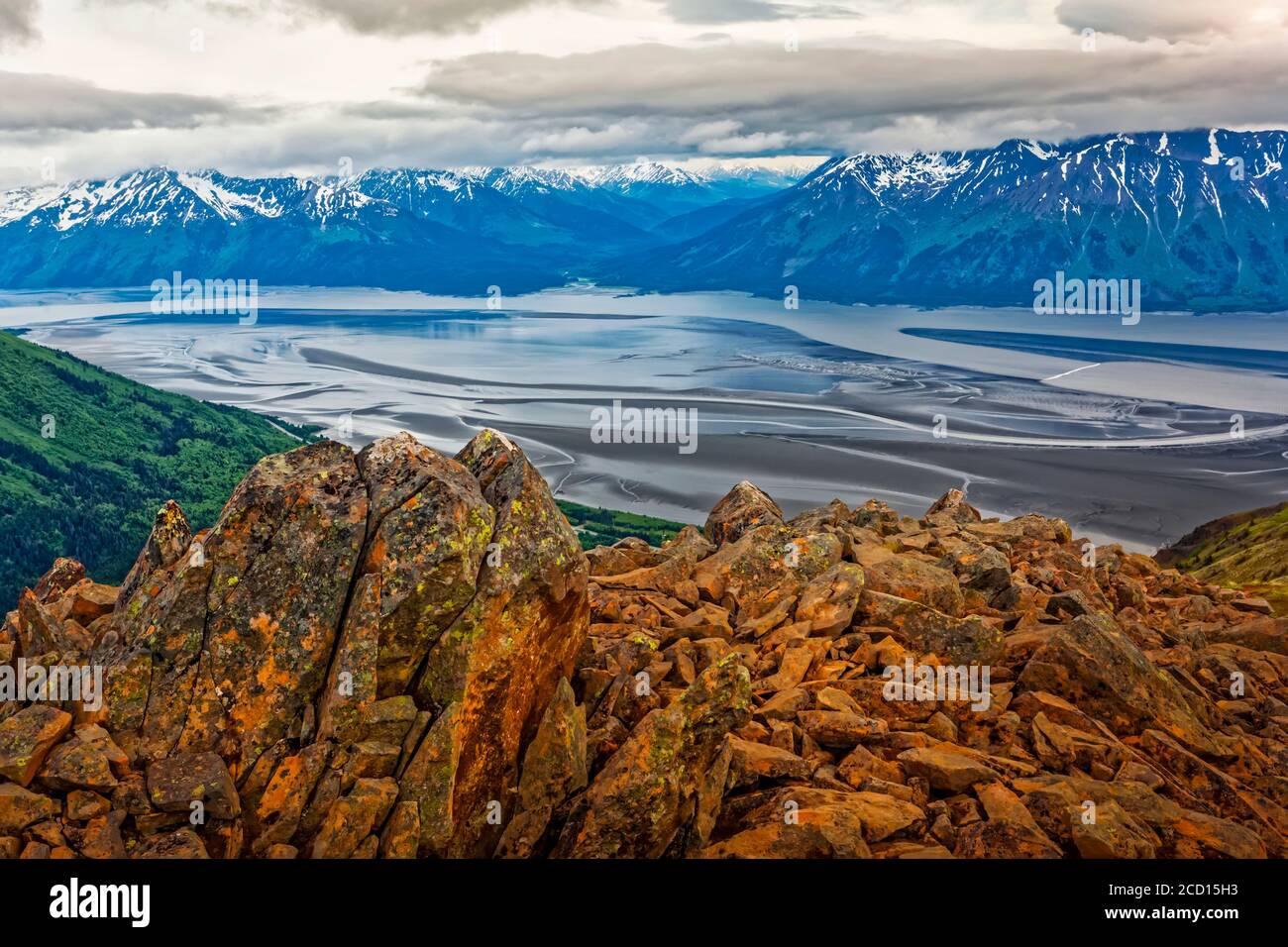 Pilotes de roca en Bird Ridge y Turnagain Arm, Chugach State Park, centro-sur de Alaska en verano; Alaska, Estados Unidos de América Foto de stock