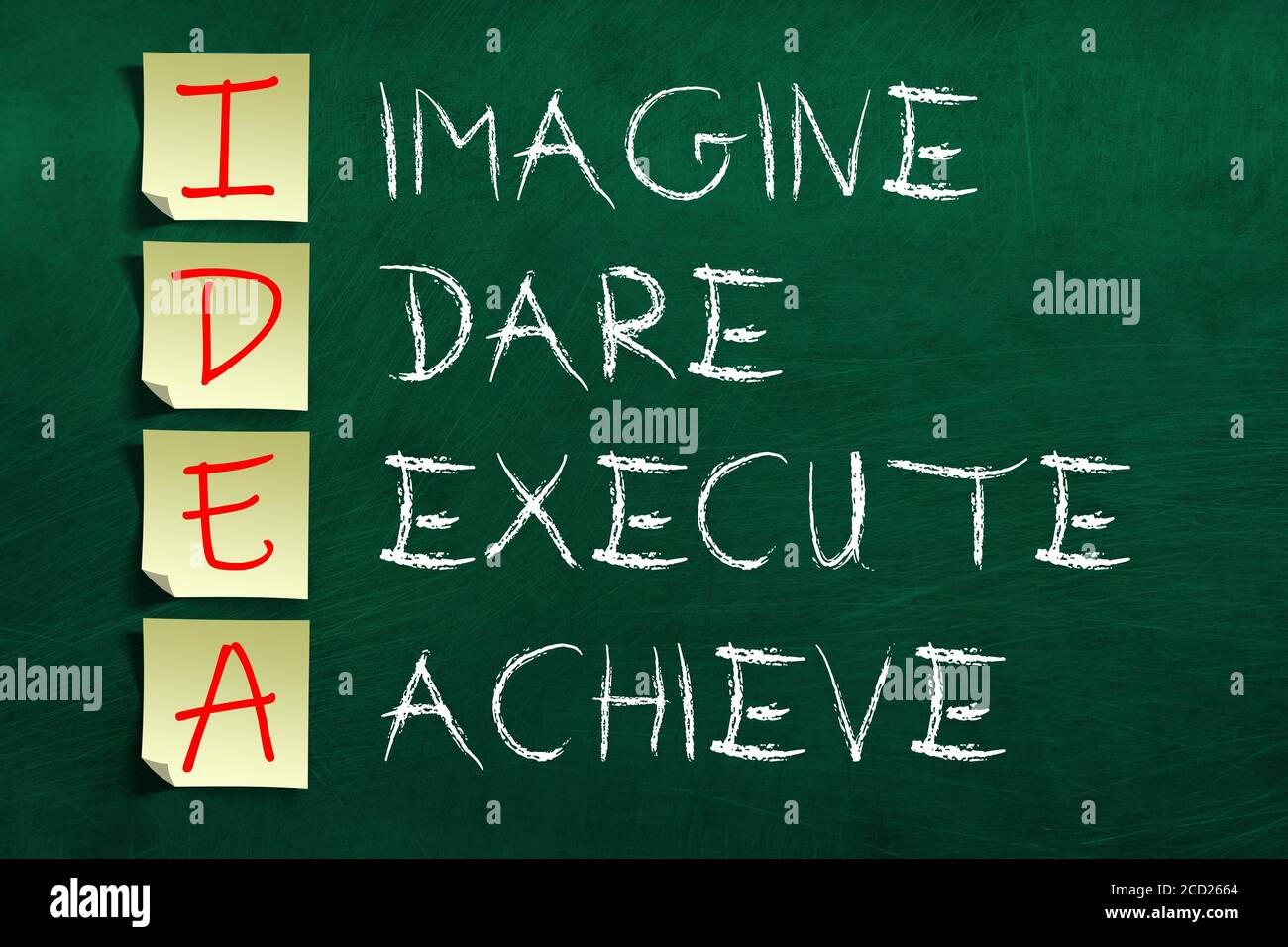 Representación 3D de motivadores e inspiradores acrónimos para NOTAS DE IDEA palillo en pizarra que consiste en imaginar, Dare, Ejecutar, lograr. Foto de stock